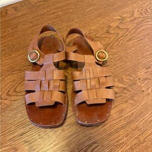 Brown Leather Sandals with Gold Buckle